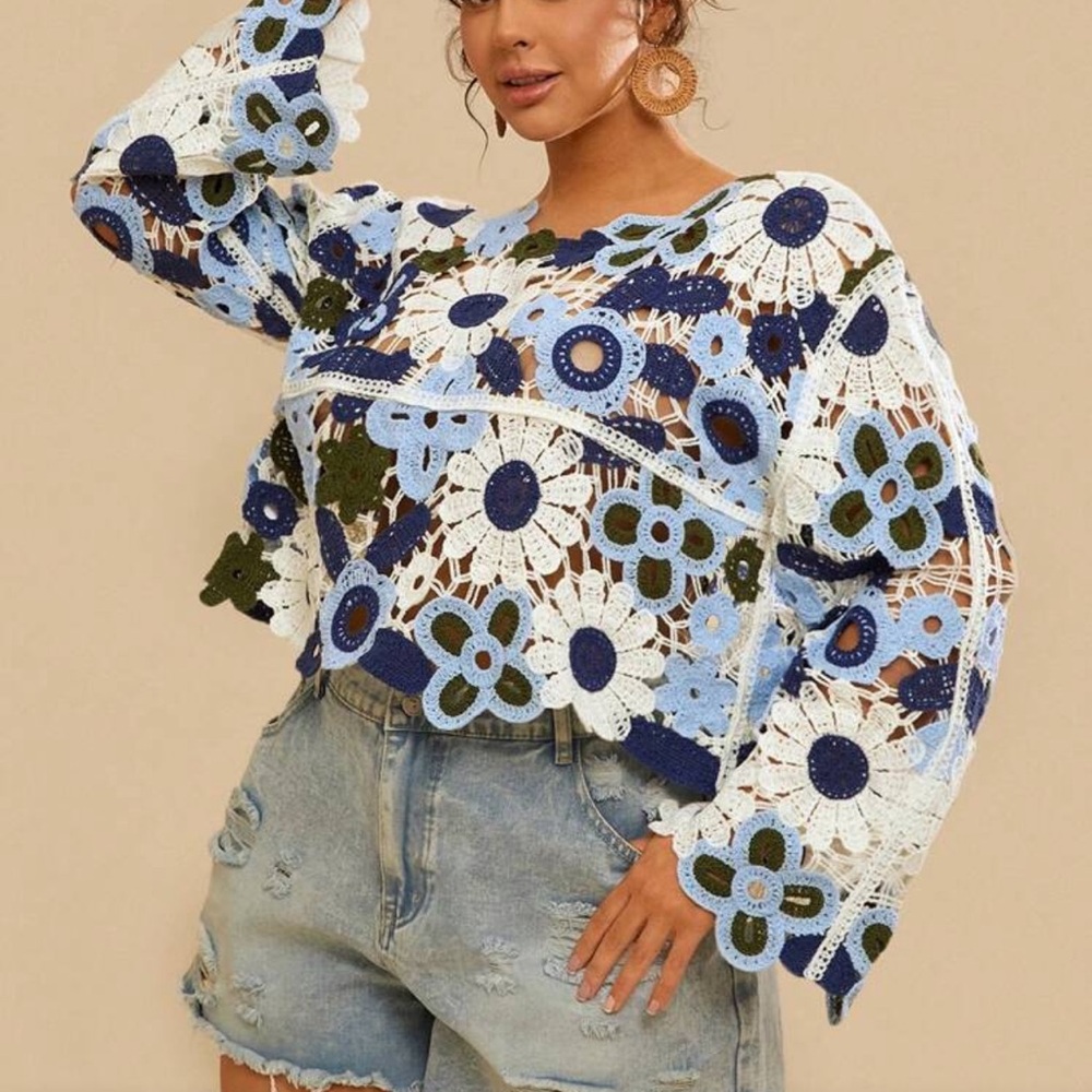 Never worn Floral Crochet crop sweater in Blue and White